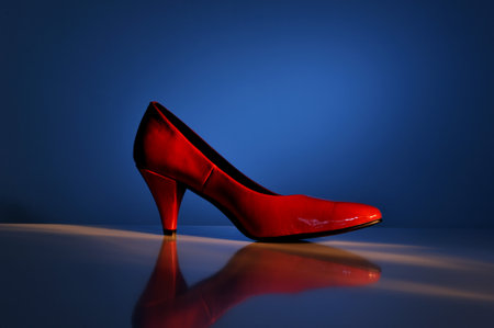 High heel red shoe on blue background, close upの写真素材