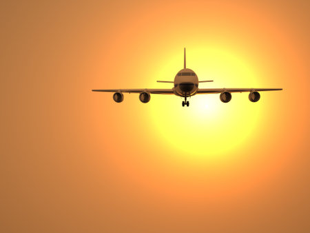 3d illustration of airplane flying at sunset