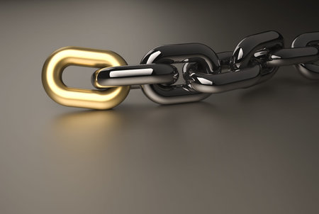 Chromed chain with a golden link - 3d render