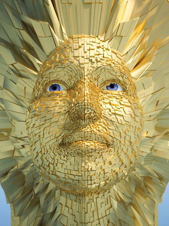 Abstract golden human face with blue eyes - 3d renderの写真素材