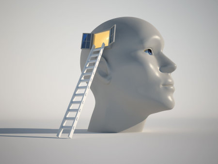 Human head with an open window and a stair - 3d render