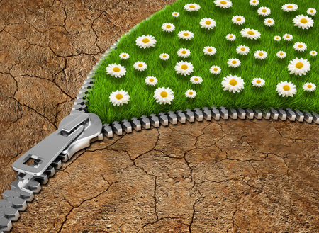 Zipper openning a flower field on dry grownd - 3d renderd and compositeの写真素材