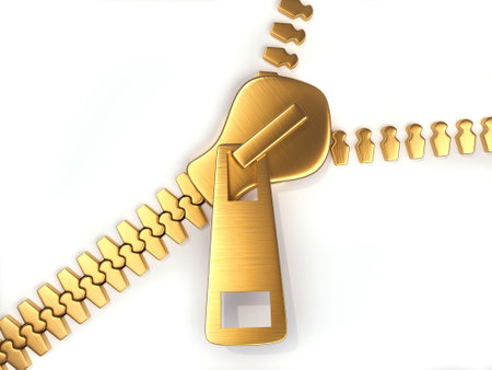 Golden zipper on white background - 3d renderの写真素材