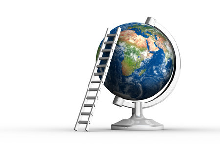 Ladder sitting on Earth globe - 3d render - Texture maps comes from http://www.shadedrelief.comの写真素材