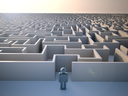 Man standing at the entrance of a huge maze - 3d renderの写真素材