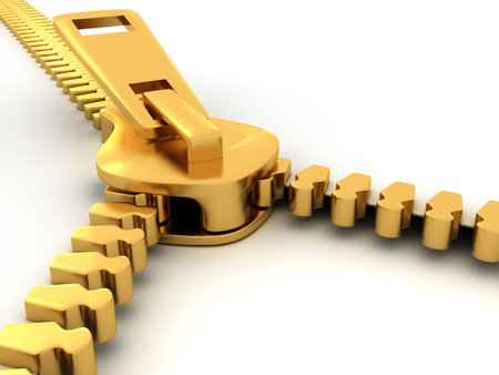 Golden zipper on white background - 3d renderの写真素材