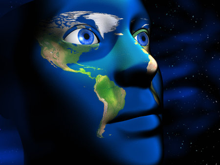 Human face with Earth map printed on face - 3d renderの写真素材