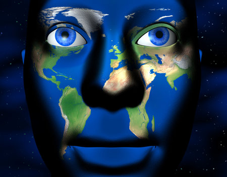 Human face with Earth map printed on face - 3d renderの写真素材