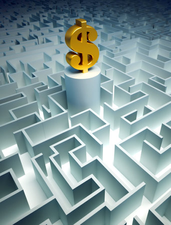 Golden dollar symbol sitting in a a huge maze - 3d renderの写真素材