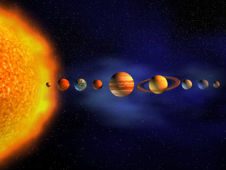 Diagram of planets in solar system - 3d render