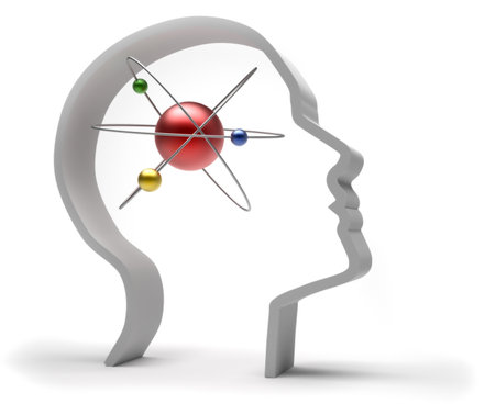 Human head with atom - 3d render illustration Human head with atom - 3d render illustration