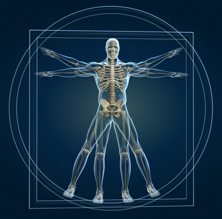 Body and skeleton in vitruvian man - this is a 3d render illustration Body and skeleton in vitruvian man - this is a 3d render illustration