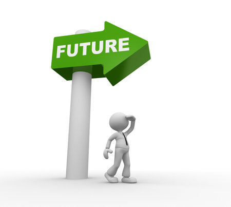 3d people - man, person with a road sign. "Future" concept の写真素材