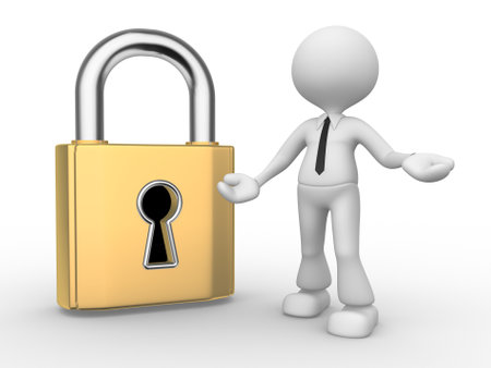 3d people - man, person and a lock with a keyholeの写真素材