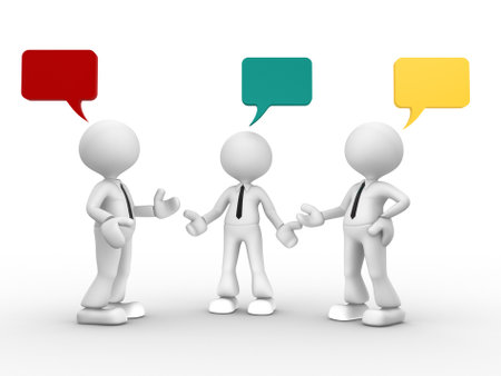 3d people - men, person and blank bubble  Three people talkingの写真素材