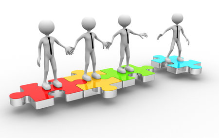 3d man on puzzle joining team workの写真素材