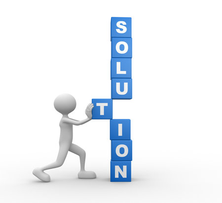 3d people - man, person with cubes and word SOLUTION. Solution conceptの写真素材