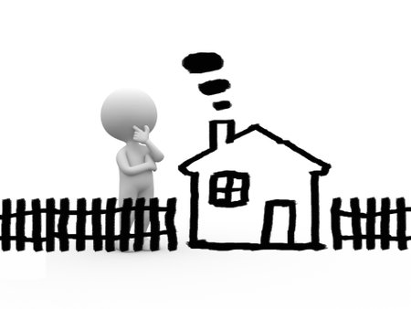 3d people - man, person with childlike drawing of a house. Dream conceptの写真素材