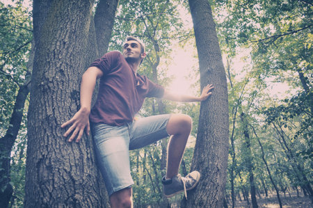Teenager climbing on the Tree in the forestの写真素材