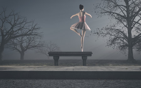 Ballerina dancing the night on a bench in a park. This is a 3d render illustrationの写真素材