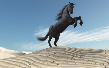 Wild horse in dune landscape. This is a 3d render illustrationの写真素材