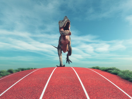 A dinosaur running on a running track. This is a 3d render illustrationの写真素材
