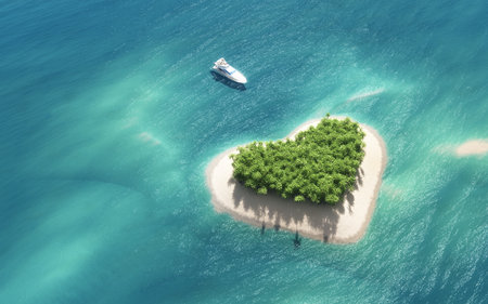 Top view of a boat anchors to a heartshaped island. This is a 3d render illustrationの写真素材