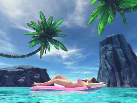 Beautiful woman relaxing on inflatable mattress in the sea,surrounded by palm trees and tropical rocks. This is a 3d render illustrationの写真素材