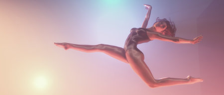 Young gymnast is jumping in split and floating in the colorful spotligh. This is a 3d render illustrationの写真素材