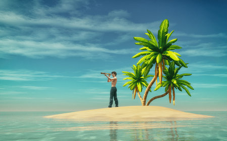 Man with binocular on a tropical island looking to the ocean. This is a 3d render illustationの写真素材