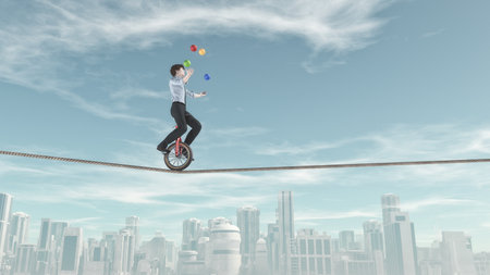Extreme business man riding unicycle on a rope and juggling with some balls in the same time over the city. This is a 3d render illustrationの写真素材
