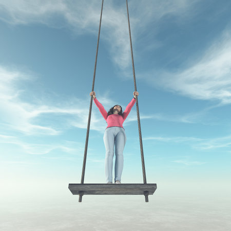 Girl stand up on a swing to the sky. This a is 3d render illustrationの写真素材