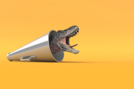 Image of a dinosaur coming out of a megaphone and yelling. This is a 3d render illustrationの写真素材