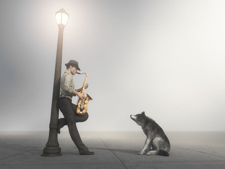 Man playing saxophone supported by a light pole while a dog listening to him in foggy night. This is...