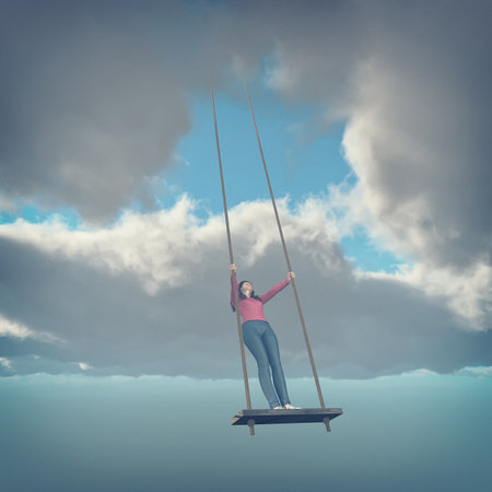 Girl stand up on a swing to the sky. This a is 3d render illustrationの写真素材