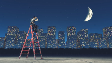 Man sitting on a ladder and look in the distance , near the city by night. This is a 3d render illustrationの写真素材