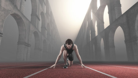 Athlete on red running track surrounded on either side by column in a foggy day. This is a 3d render illustrationの写真素材