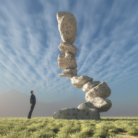 Man looks at some rocks arranged like a spiral in balance. This is a 3d render illustrationの写真素材