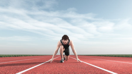 Young man kneeling on the starting grid of a running track. This is a 3d render illustrationの写真素材