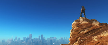 Young man at the top of the stone looking to a city.  This is a 3d render illustration