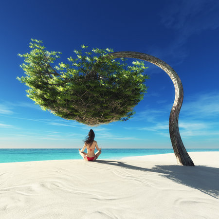 Young woman practicing yoga at seashore under a tree. This is a 3d render illustrationの写真素材