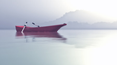 A red boat floating on a mystic foggy lake. This is a 3d render illustrationの写真素材