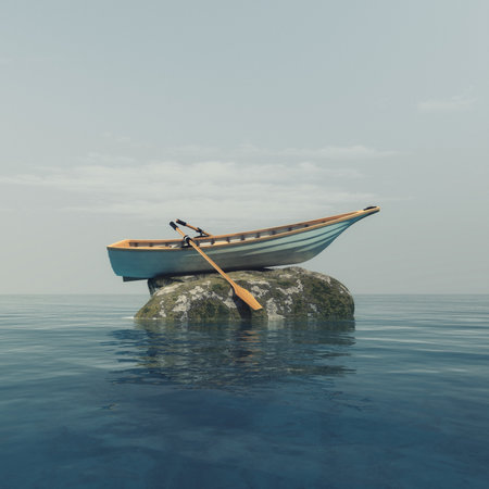 A boat on top of a rock in the middle of the ocean. This is a 3d render illustrationの写真素材