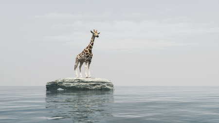 A giraffe on a stone off the seashore admiring the ocean. This is a 3d render illustrationの写真素材