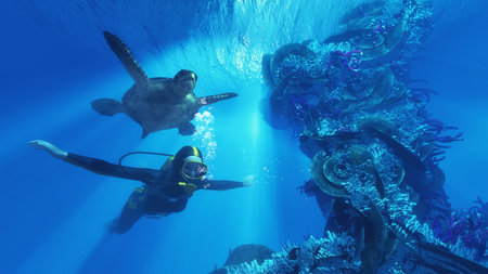 Diver and giant turtle swimming near a coral. This is a 3d render illustration