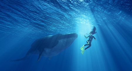 Female diver in danger, near a whale underwater. This is a 3d render illustrationの写真素材
