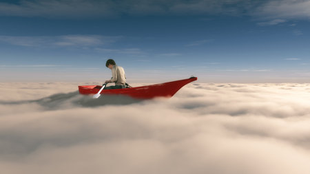 Man floating overclouds in  a red boat with paddle . This is a 3d render illustrationの写真素材