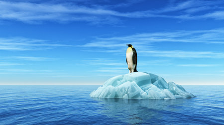 A penguin sits on an iceberg in the middle of the ocean. This is a 3d render illustrationの写真素材