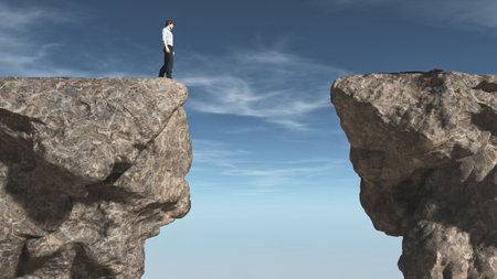 Young man in front of a chasm. This is a 3d render illustration