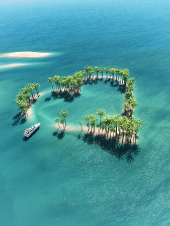 Heart-shaped tropical island in middle of the ocean and a boat going through. This is a 3d render illustrationの写真素材
